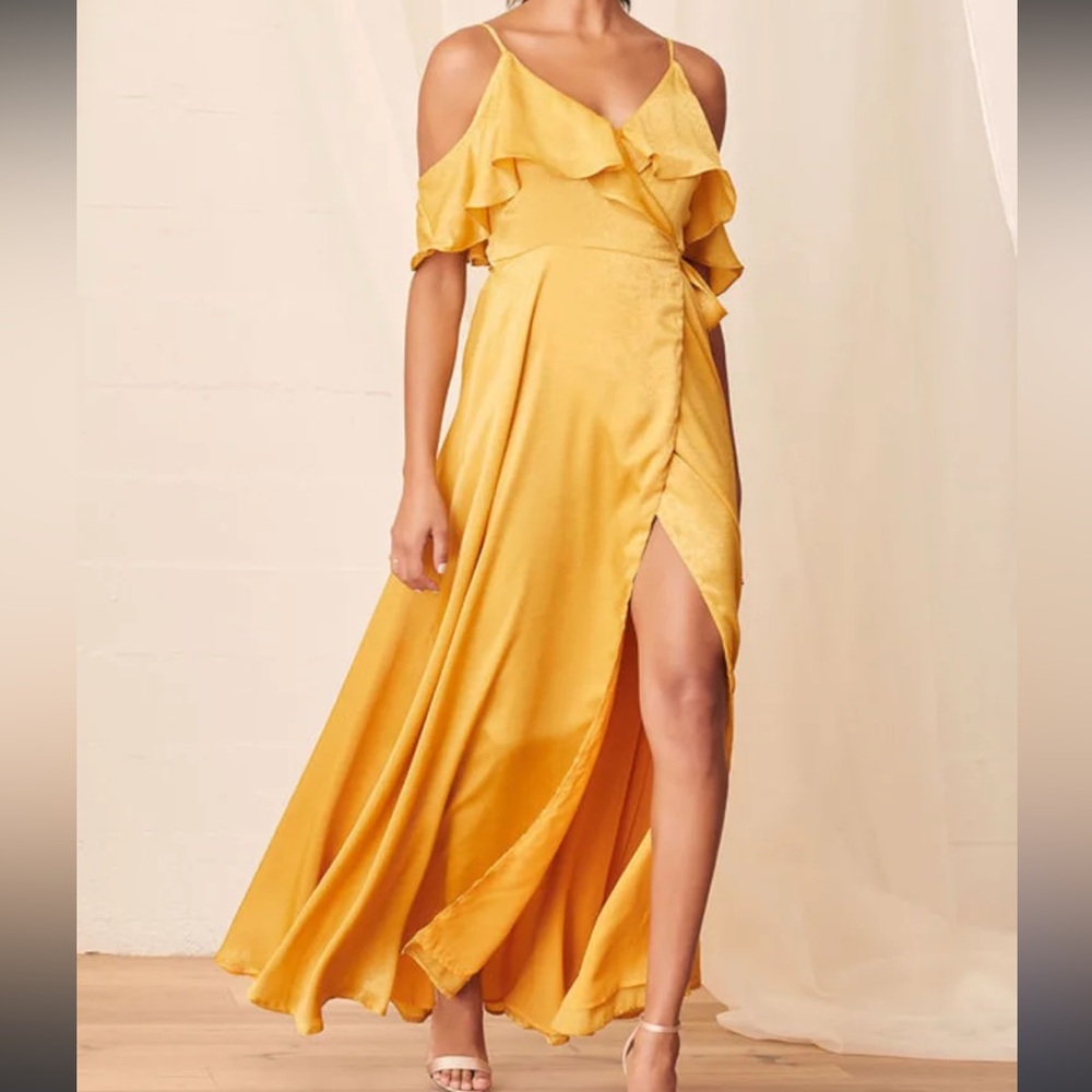 Lulus moriah mustard yellow satin wrap maxi dress